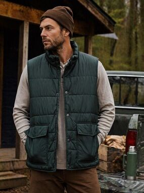Lands’ End Quilted Puffer Vest Green Snap Front Utility Pockets L 42-44